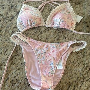 SOLD-Pink Floral Bikini with Lace Trim
